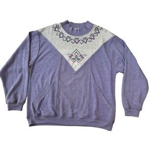 BLAST Pullover Sweatshirt Embellished Aztec Geometric Pattern Purple Gray Size L